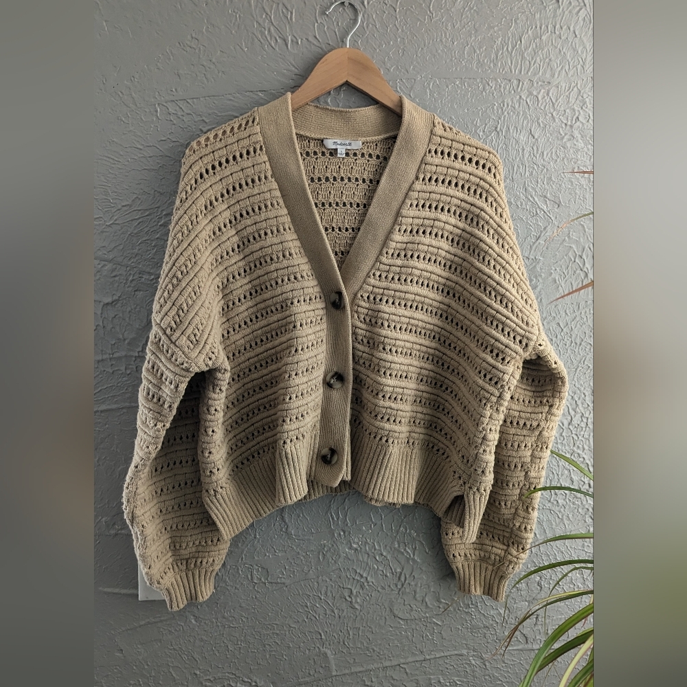 Madewell Open-Knit Cropped Cardigan Sweater in Beige